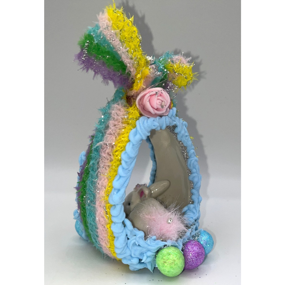 Vintage Ceramic Ornament Bunny Diorama Egg Greenbrier Pastel Eggs Flowers OOAK - Picture 9 of 13